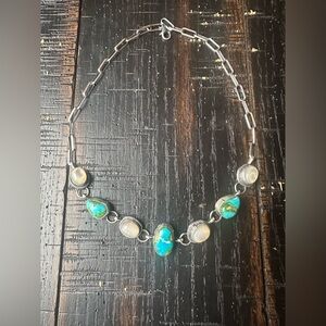 Navajo Amos Jake Mother of Pearl & Sonoran Turquoise SS Choker Necklace